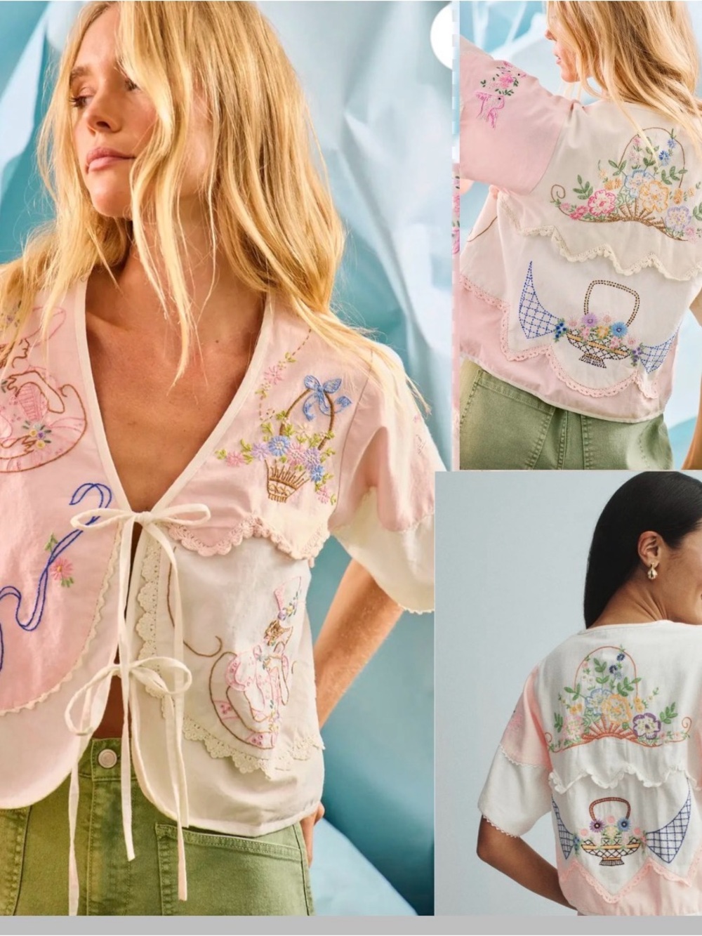 Hunter Bell BRYCE TOP Pink & White Embroidered Tie-Front Blouse size XL